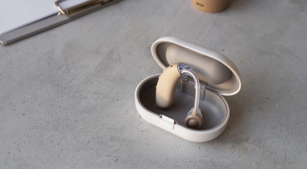 a hearing aid in a case